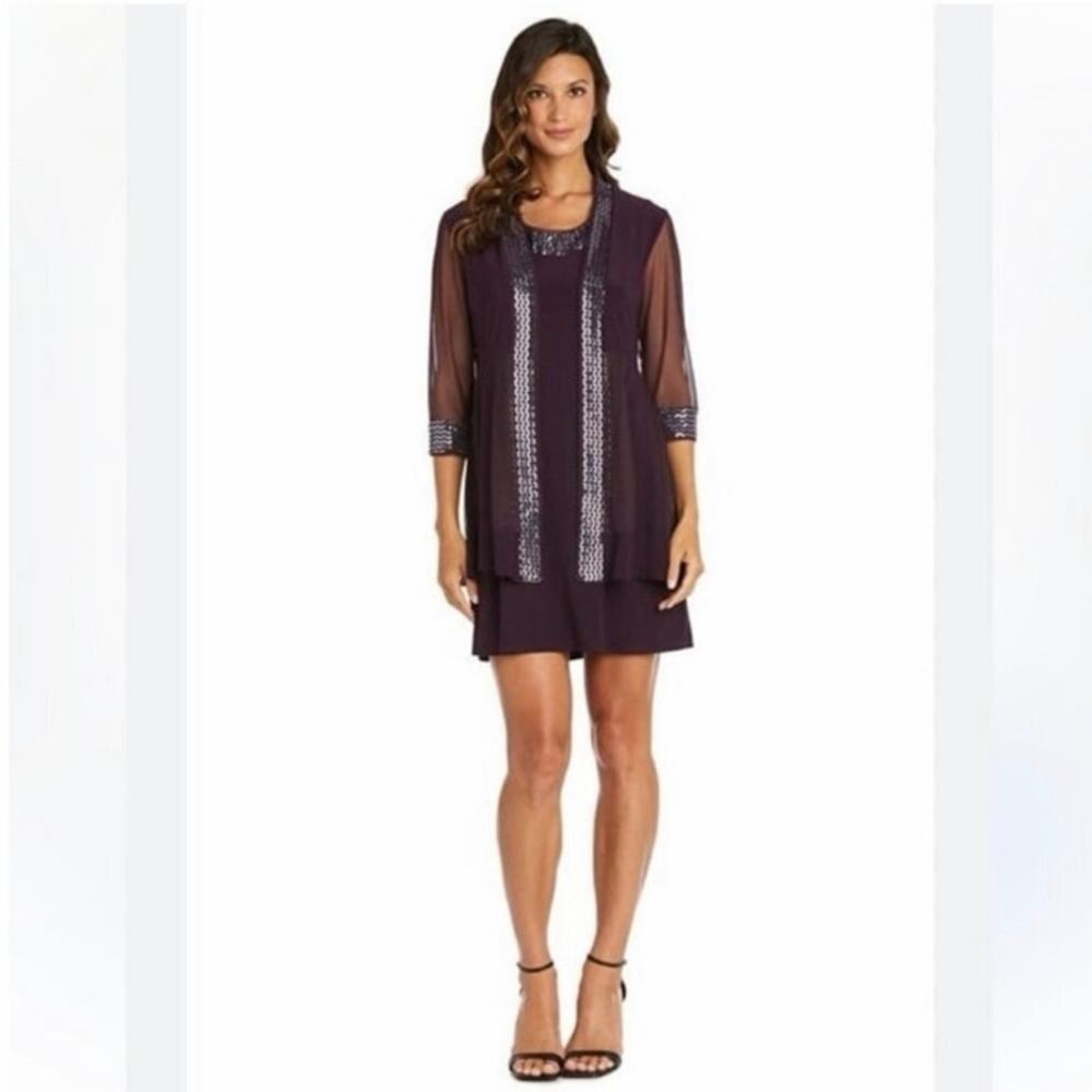 R&M Richards Purple Beaded Sheer Sleeve 2 Piece Jacket Dress Size 14